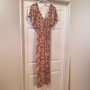 Luxology Floral Maxi Dress in Beige with Pink & Orange Accents